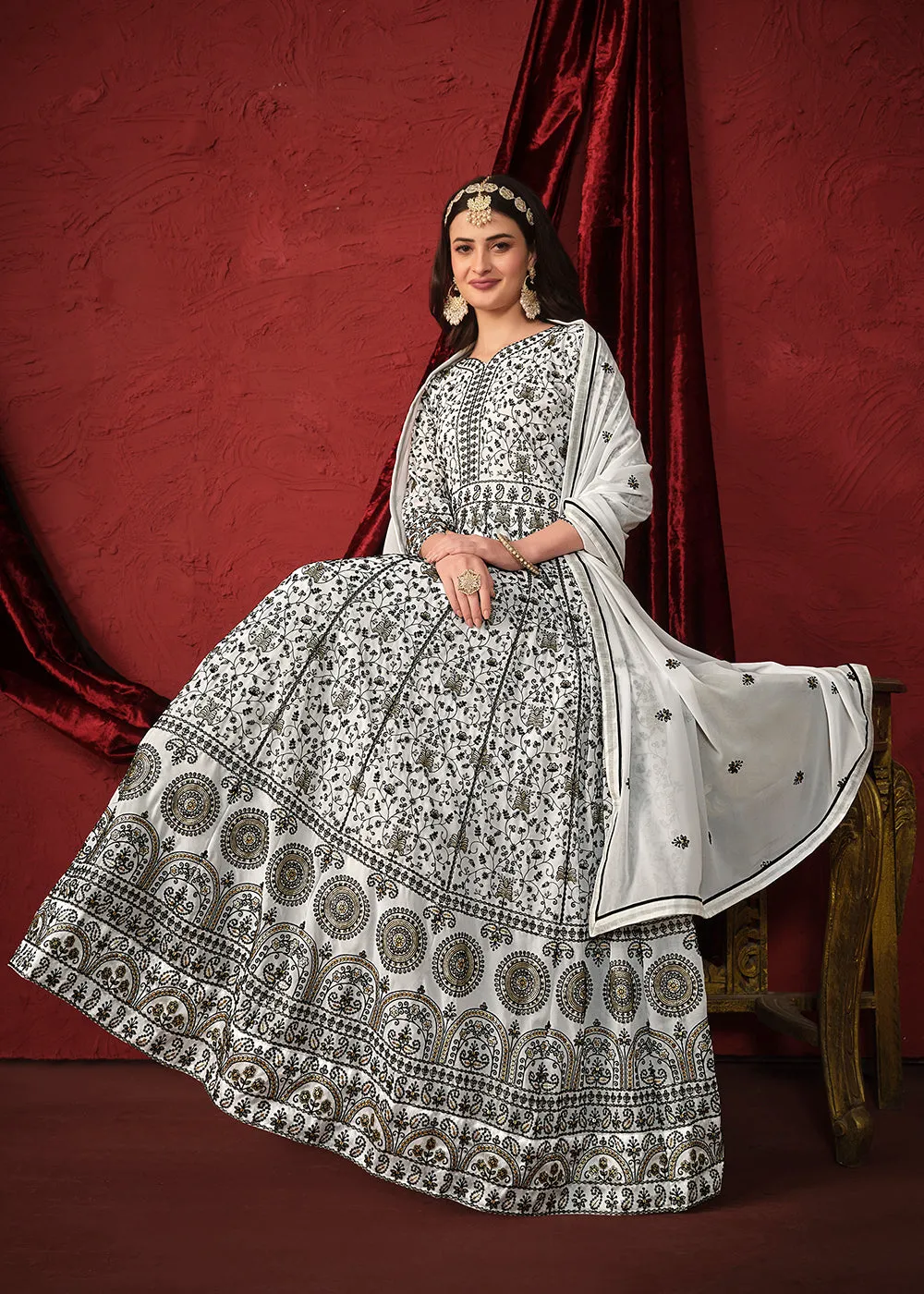 Stunning White Front & Back Embroidered Trendy Anarkali Suit