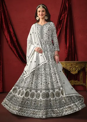 Stunning White Front & Back Embroidered Trendy Anarkali Suit