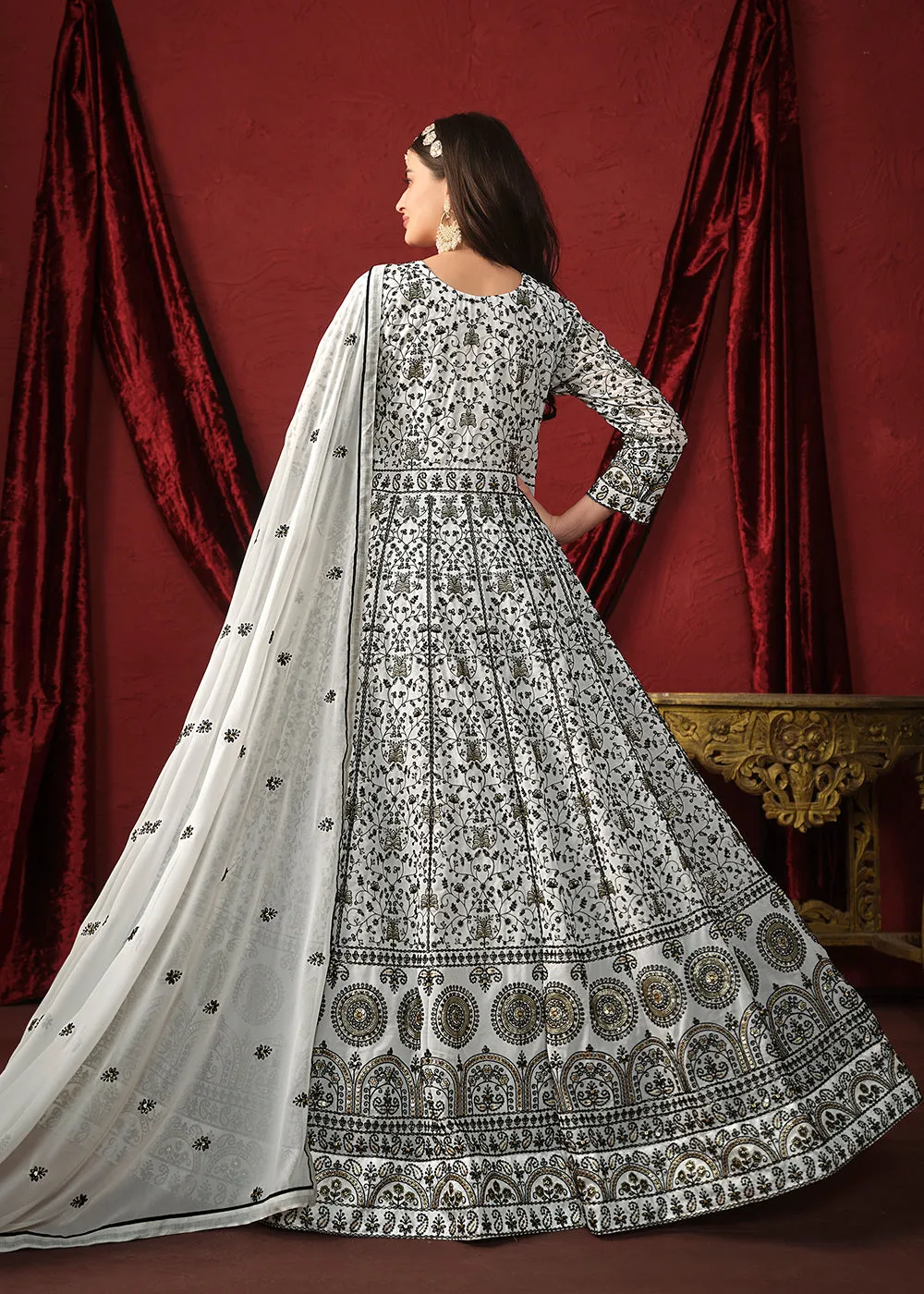 Stunning White Front & Back Embroidered Trendy Anarkali Suit