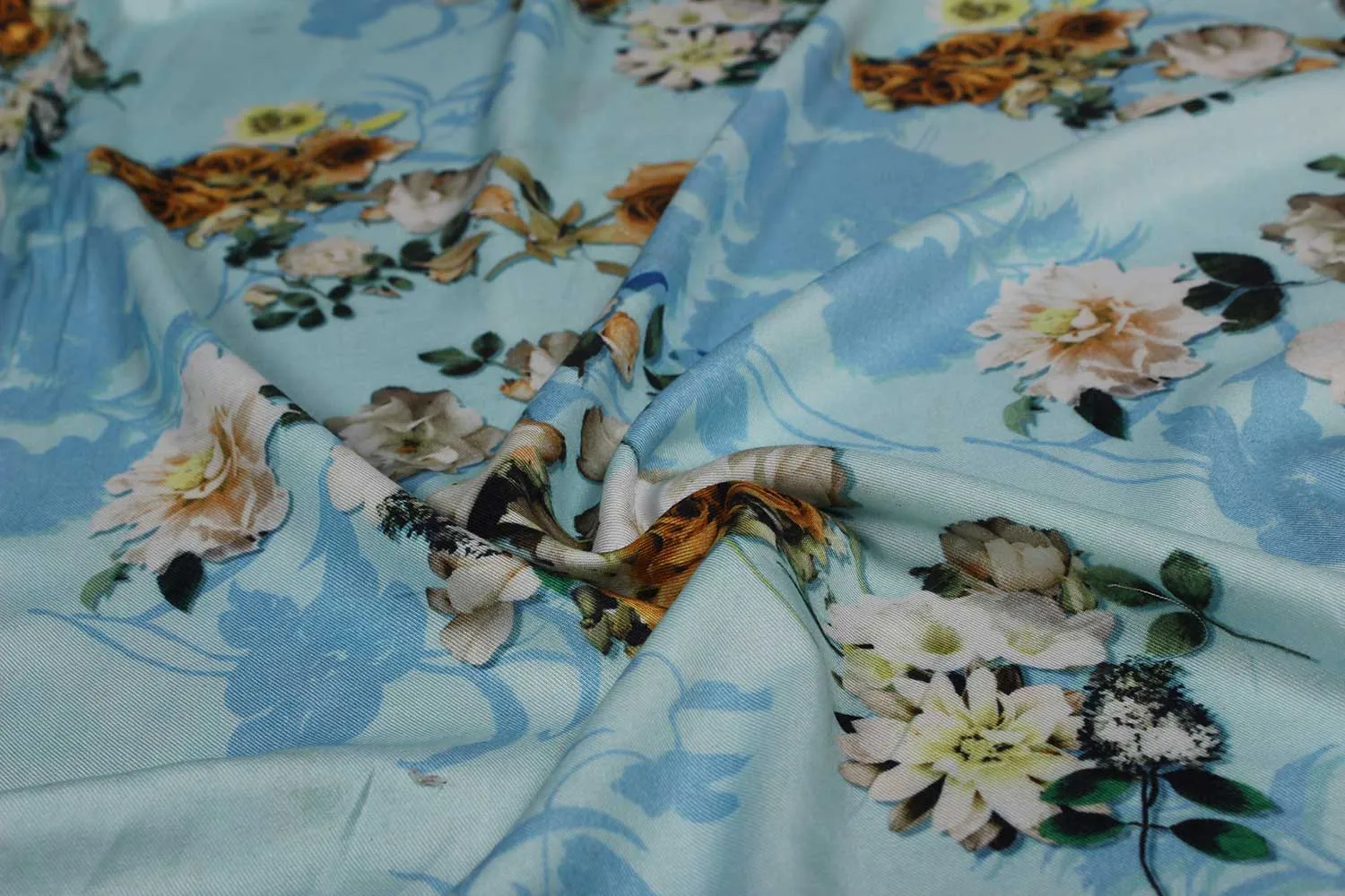 Turquoise Blue Floral Viscose Spun Fabric