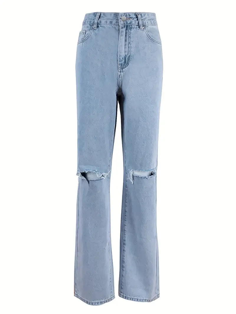 Wenkouban Light blue 2000s Y2k boyfriend jeans with ripped design