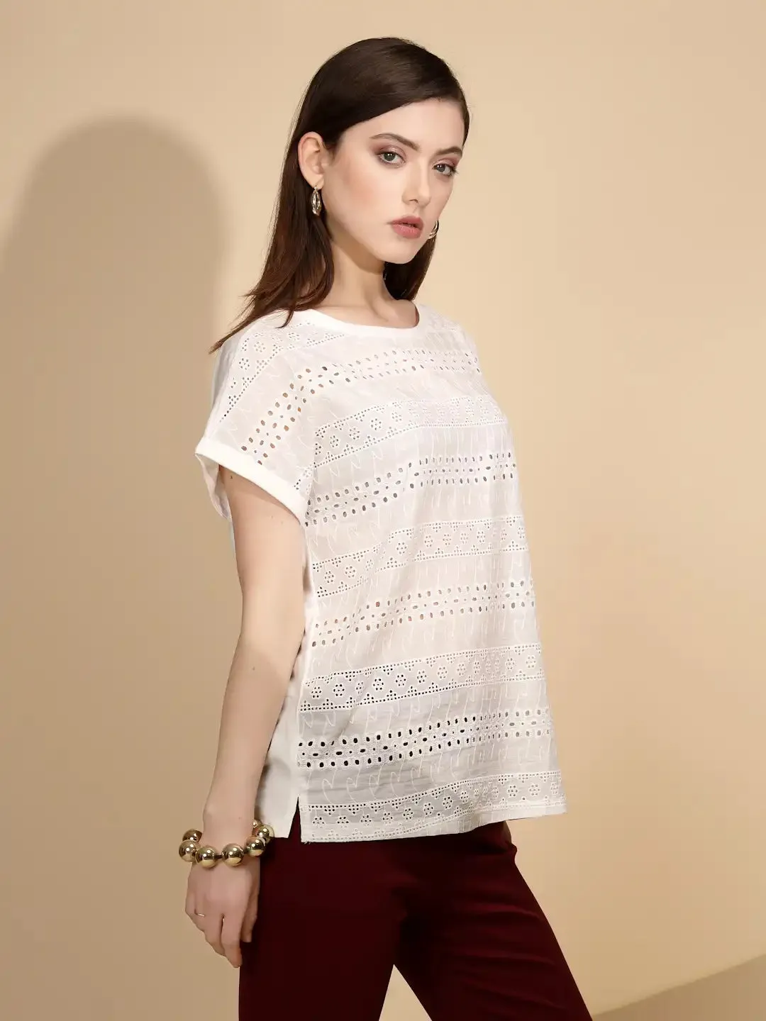 White Cotton Regular Fit Blouson Top For Women