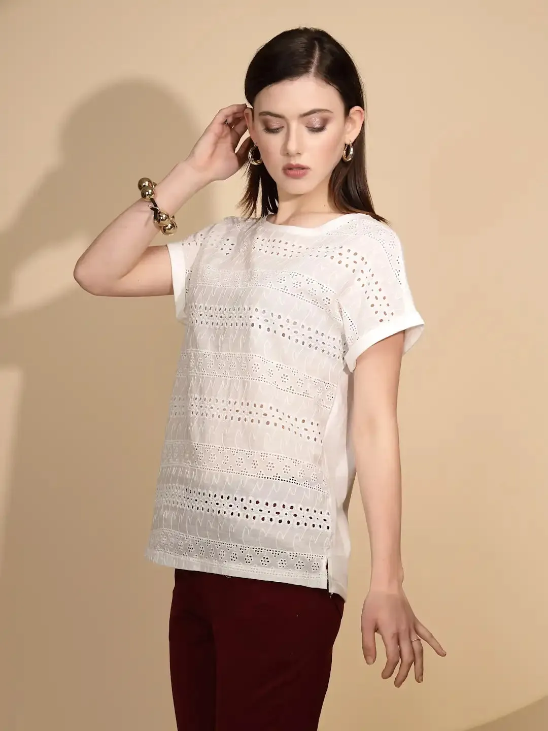 White Cotton Regular Fit Blouson Top For Women