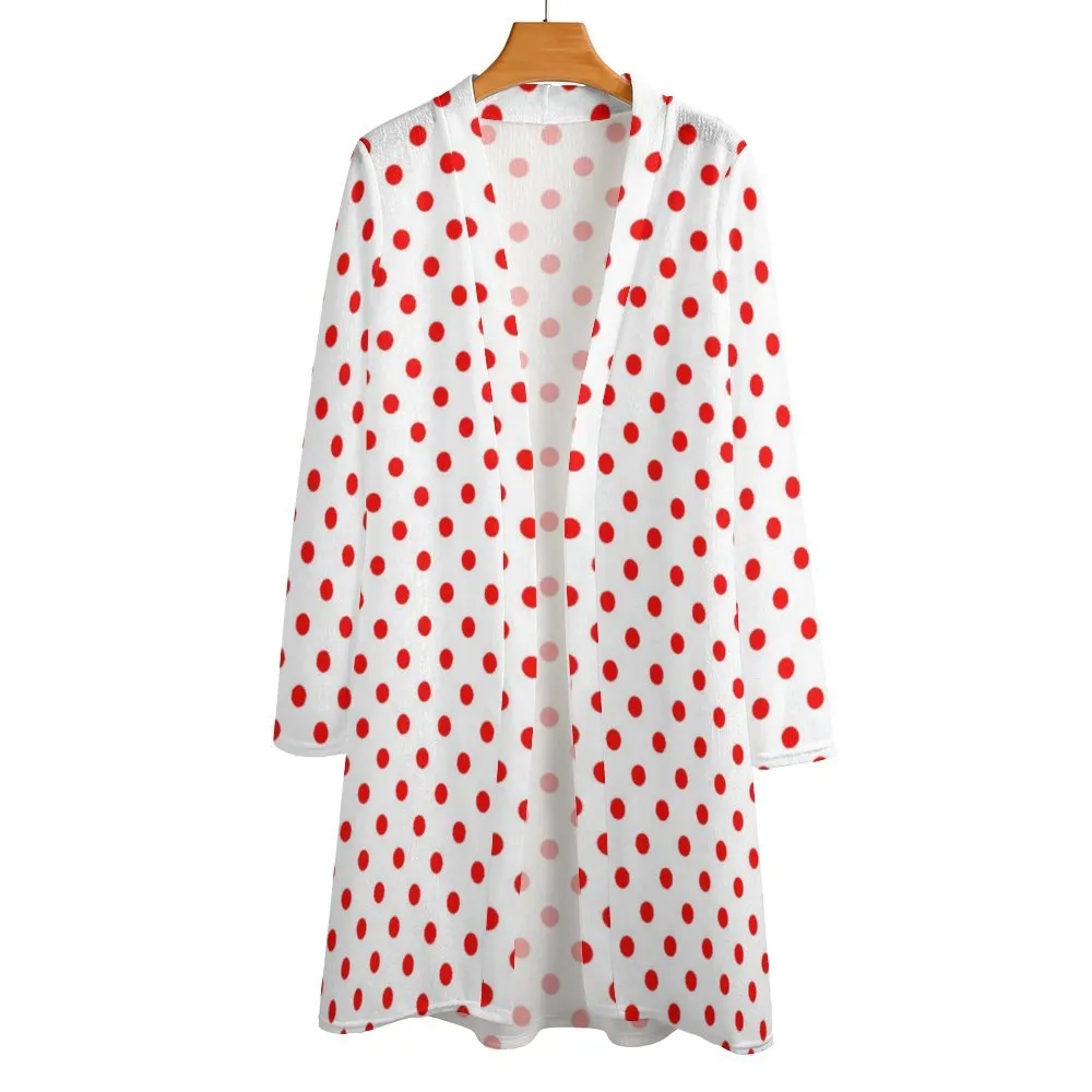 White With Red Polka Dots Women's Mid-Length Cardigan