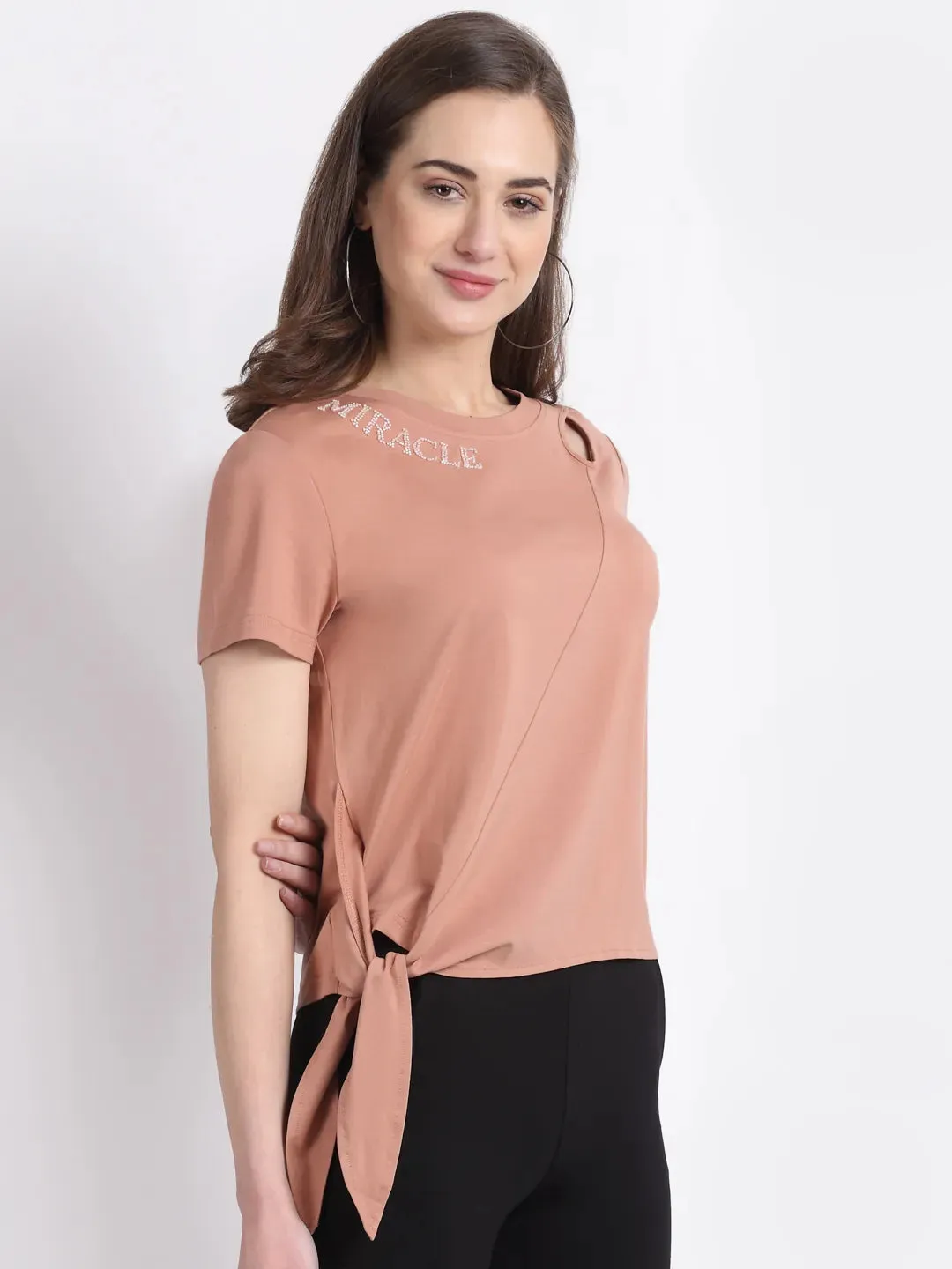 Women Khaki Asymmetrical Shoulder Top with Knot on Hem