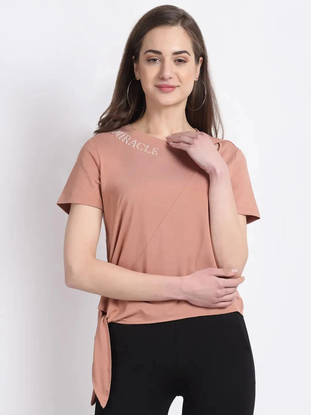 Women Khaki Asymmetrical Shoulder Top with Knot on Hem