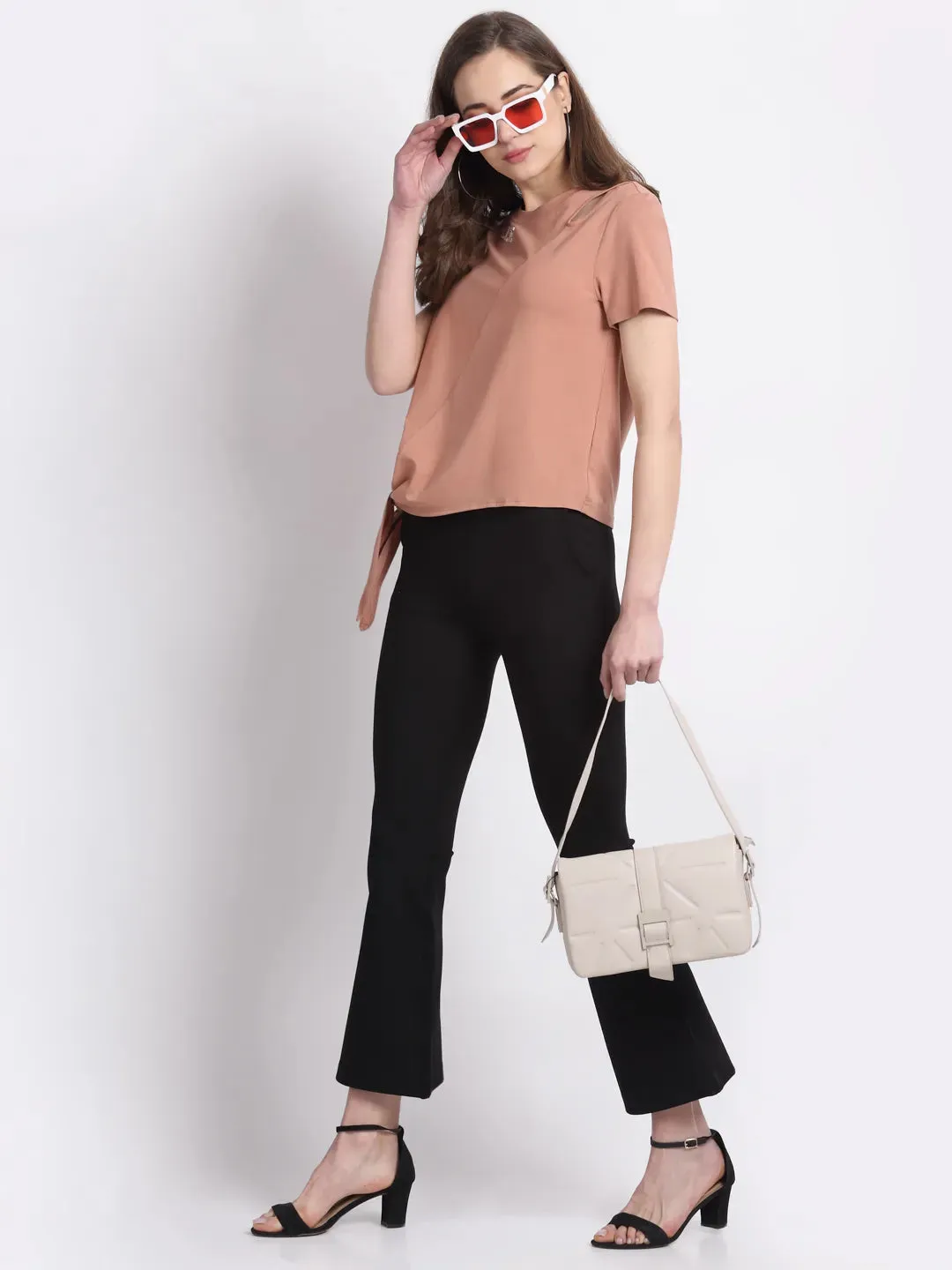 Women Khaki Asymmetrical Shoulder Top with Knot on Hem