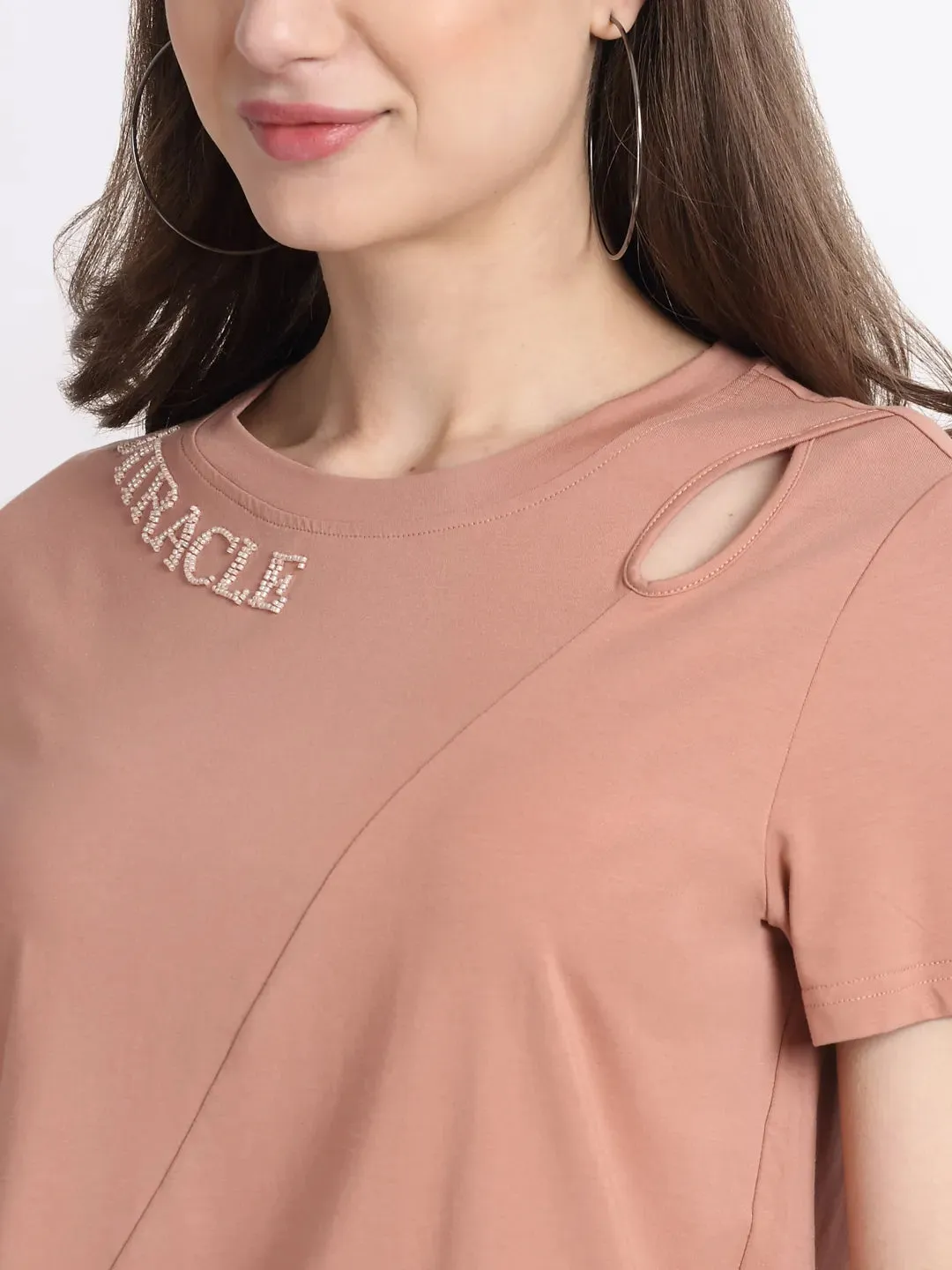 Women Khaki Asymmetrical Shoulder Top with Knot on Hem