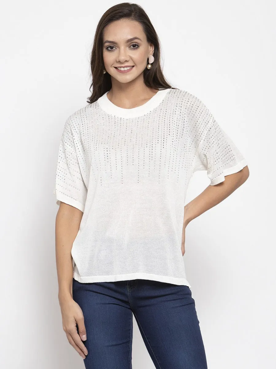 Women Solid White Round Neck Top